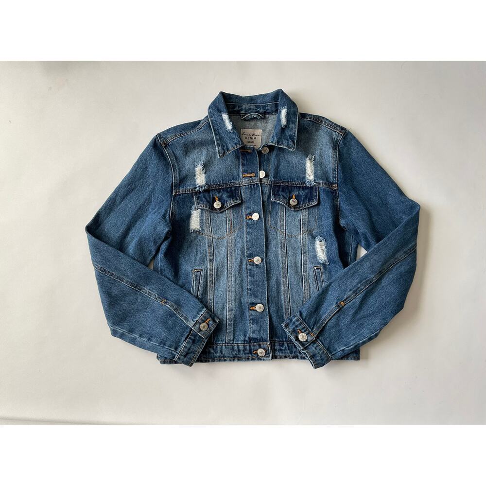 Love Tree Denim Jacket Women’s Medium Blue‎ Button-Up Distressed Jean Jacket